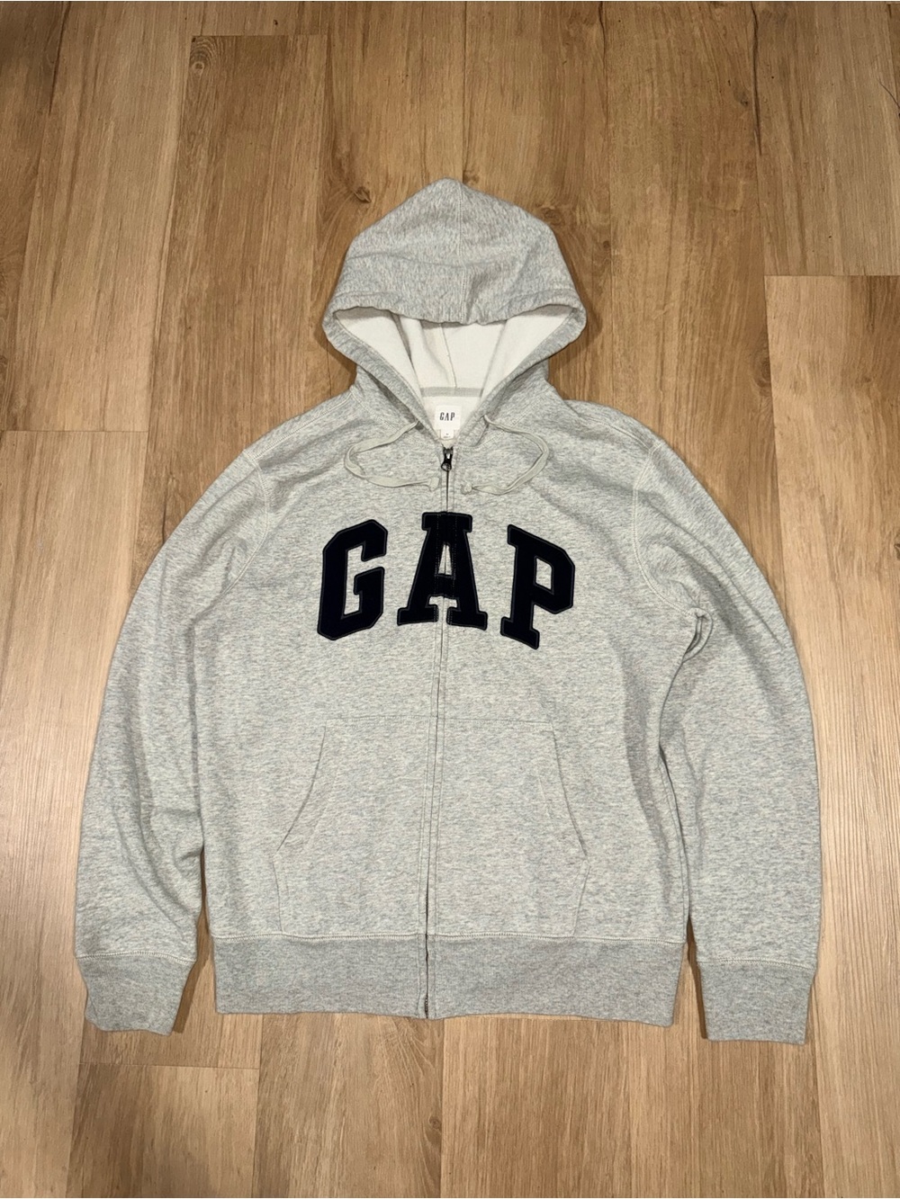 GAP Light Heather Gray Zip Hoodie with Navy Logo